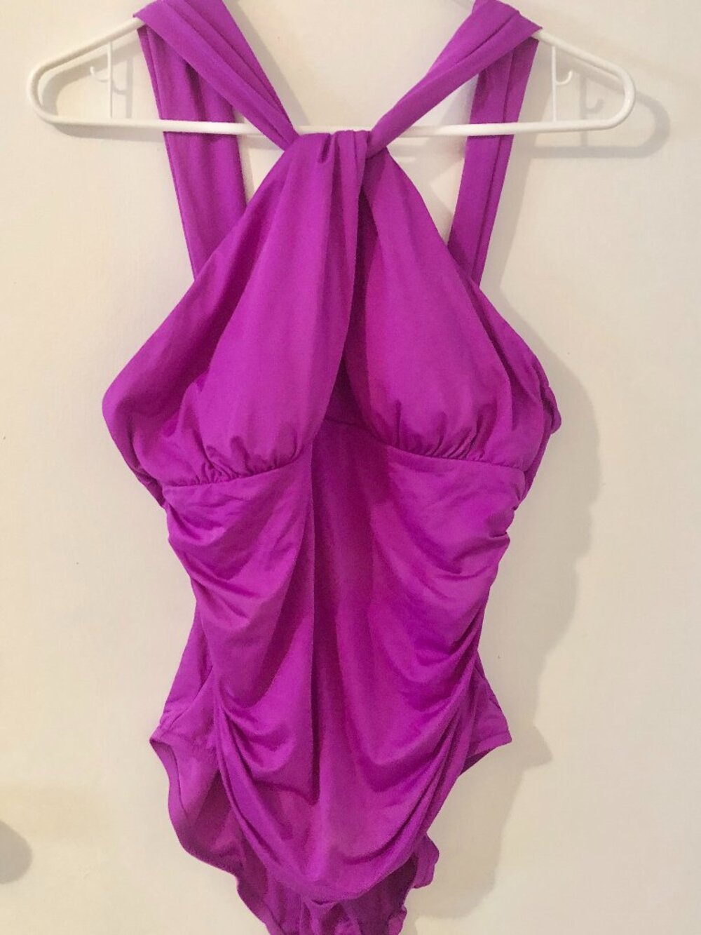 Badgley Mischka Purple Ruched Halter One Piece Swim Suit size 14